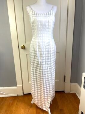 Jessica McClintock Gunne Sax Ivory Satin Harlequin Diamond Maxi Dress 9/10 USA